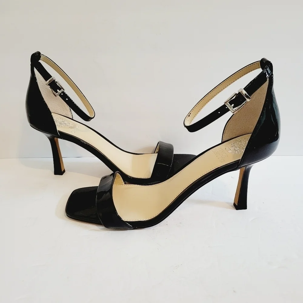 NEW Vince Camuto Enella Black Patent Leather Stiletto Heel Sandals Size 9.5
